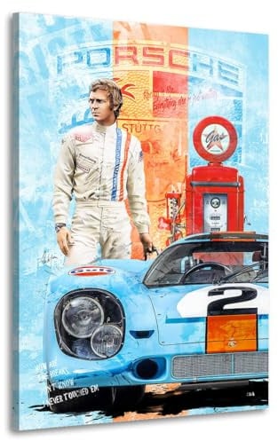 Kunstgestalten24 Leinwandbild Steve McQueen Porsche Racing Wandbild Kunstdruck Autobild Wanddeko XXL Wandekoration Gemälde Deko Bilder Modern Art Bild Kunstwerk Canvas