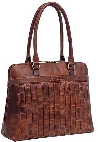 STILORD 'Jocelyn' Leder Handtasche Damen mittelgroß Frauen Henkel-Tasche Shopper Damenledertasche mit 10-11 Zoll Tablet-Fach Vintage Leather Bag Echtleder geflochten, Farbe:porto - cognac