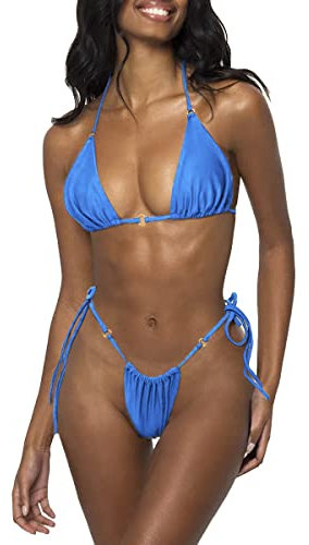 LUNNTE Damen Halfter String Bikini Set Sexy Tanga Frech Zweiteilige Badeanzüge Einfarbige Badebekleidung (Blau, S)