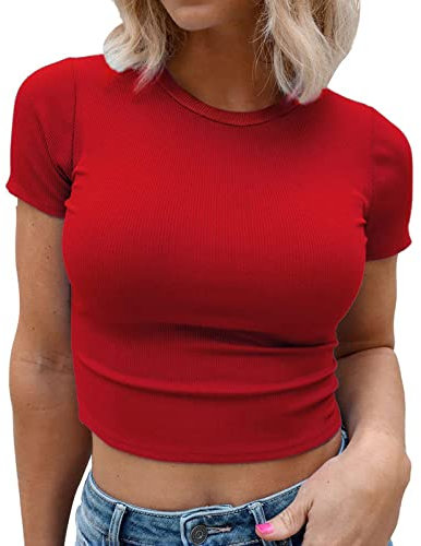RMBLYfeiye Crop Top Damen Rundhals Einfarbiges Gerippt Kurzarm Y2K Top Slim Fit Party Tops Sommer Blusen Eng Basic T Shirt Yoga Shirt Gym Tank Top Sport Shirt Festliche Oberteile