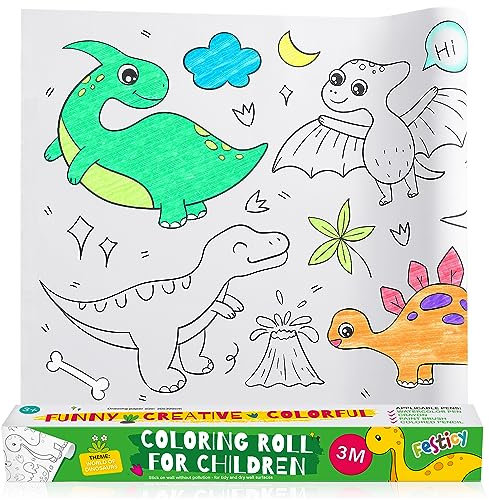 Festicy Selbstklebendes Malpapier 3 m I Ausmaltischdecke Kinder Malrolle, 3 Meter zum Ausrollen, Ausmalen und Aufkleben I Malrolle für Kinder I DIY Malposter, schneidbare Zeichenrolle Dino Edition