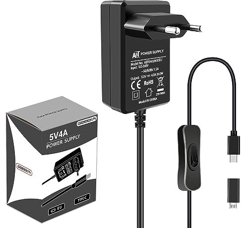 GeeekPi - Fuente de alimentación para Raspberry Pi (4, 5 V, 4 A, 20 W, con interruptor de encendido/apagado, enchufe de la UE, para Raspberry Pi 4 Model B, 8 GB/2 GB/1 GB, con adaptador micro USB para
