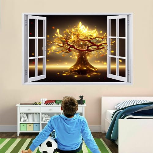 3D Wandtattoo I Wandbild Baum Wandaufkleber I Wandsticker Durchbruch Gold Poster Fensterblick I Wand Deko Aufkleber für Wohnzimmer Schlafzimmer Küche Türaufkleber 67x45cm