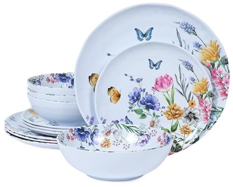 Lechoo 12 Piece Melamine Dinnerware Sets - Plates And Bowls Sets Floral Dinnerware Sets- Spring Camping Dishs Indoor Outdoor Use,Flowers And Butterflies Pattern