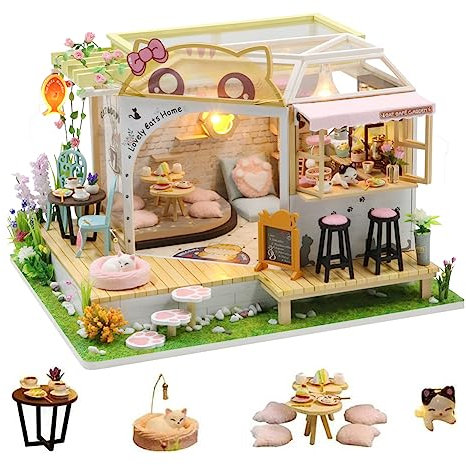 DIY Cat Cafe Miniatur Puppenhaus Kit mit LED-Licht, 1:24 Maßstab handgemachte Katze Kaffee Garten Puppenhaus, kreative Geburtstagsgeschenk für Teenager Kind (Katzen-Café Puppenhaus)