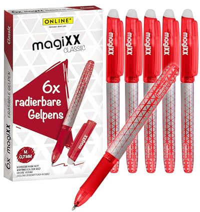 Online Radierstift magiXX, 6x I Gelschreiber Rot mit 0,7mm Strichstärke I Tintenroller radierbar zum Schreibenlernen & Büro, I Erasable Pen Set I Radierbarer Kugelschreiber Studenten, Schüler