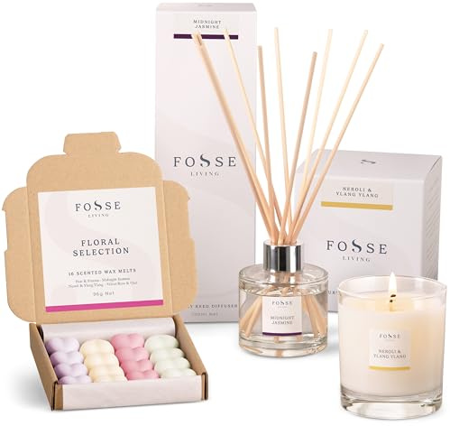 Fosse Living The Floral Bundle: Floral Selection Wax Melts, Midnight Jasmine Reed Diffuser (100ml) and Neroli & Ylang Ylang Candle (30cl) - The Gift for Every Occasion
