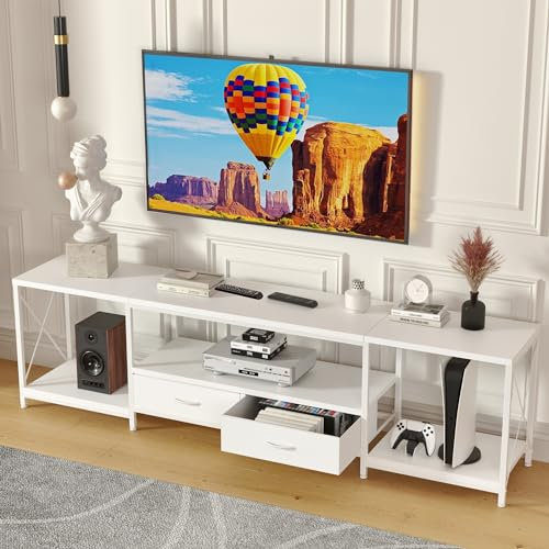 GYIIYUO TV Stand with Fabric Drawer for 65 70 75 Inches TV - Entertainment Center and Industrial TV Console Table with Open Storage Shelves for Living Room, Bedroom - 63 White