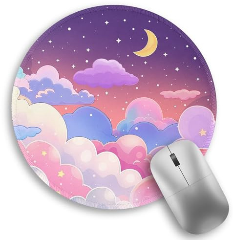 Tapis de souris Kawaii lune, nuage, étoiles, ciel, nuit, petit tapis de souris rond pour bureau, mini tapis de souris de voyage pour ordinateur portable sans fil, violet pastel, lilas, violet,