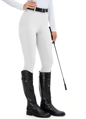H.MILES Reitleggings Damen Vollbesatz High Waist Elastische Reithose Damen mit Handytasche Gürtelschlaufen Weiß XL