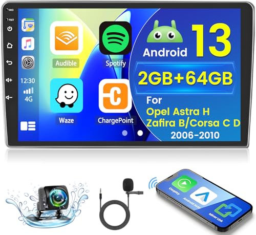 Hikity 2+64GB Android 15 Radio Coche para Opel Astra H/Zafira B/Corsa C D 2006-2010 Radio Carplay Android Auto Inalámbrico IPS 9 Pantalla Táctil Cámara Trasera Bluetooth Manos Libres Navegación GPS
