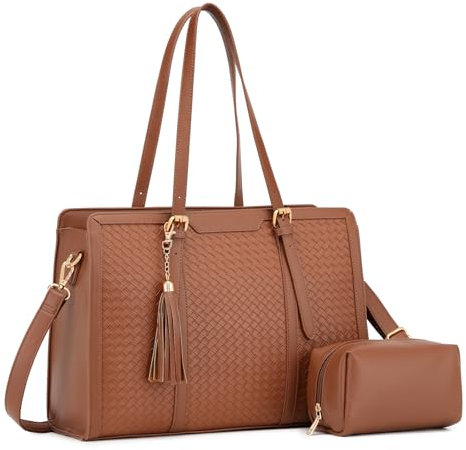 Laptop Tote Bag for Women fits 15.6 Laptop, PU Leather Work Tote bags for Women Large Computer (Brown)