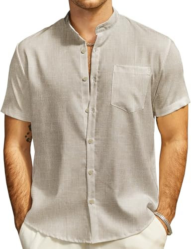 JOGAL Chemise en lin à manches courtes pour homme - Coupe droite - Chemise d'été boutonnée - Chemise de loisirs, kaki clair, M