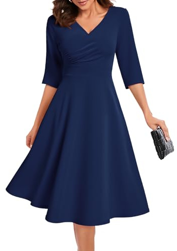 Bbonlinedress Robe Femme Chic et Elegant Midi de Soirée Noël Cocktail pour Mariage Bal Promo Cérémonie Col en V Manches Courtes