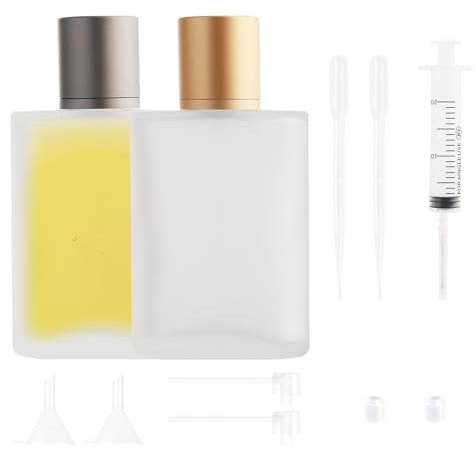 ZUYIST 2PCS 100ml Perfume Atomiser, Portable Refillable Perfume Bottles Empty Spray Bottles Glass Cosmetic Container with Accessories for Daily Business Travel (Grey+Gold