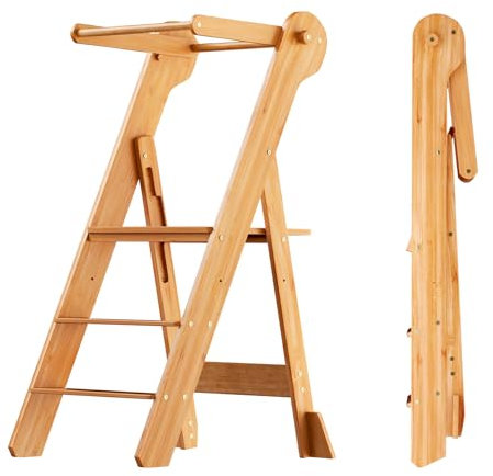 COSYLAND Kinder Lernturm klappbar - Faltbarer Holz Learning Tower - 2-Fach höhenverstellbar Küchenhelfer für Kinder von 18 Monaten bis 6 Jahren für Badezimmer, Kinderzimmer und Küche - Holzfarbe