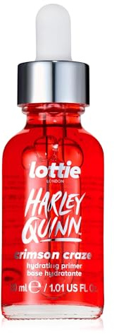 Lottie London x Harley Quinn Crimson Craze Primer, Hydrating crimson serum-primer that grips makeup for long-wear for a dewy glow finish