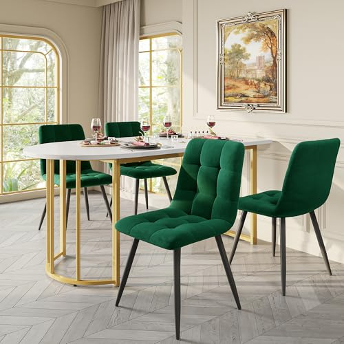 KUAKE Essgruppe,139x80cm Esstisch mit 4 Stühlen Set, Moderner Marmormuster Küchentisch, Goldfarbener Esstisch mit Eisenbeinen, Esszimmerstuhl mit Eisenbeinen (Dunkelgrüner)