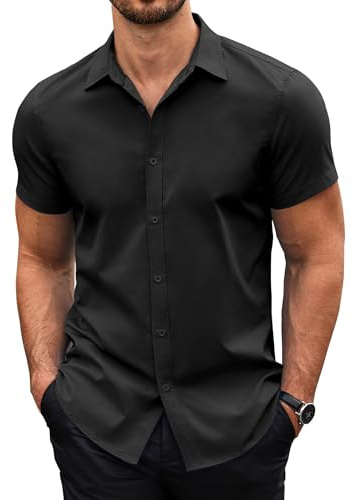COOFANDY Chemise Homme Manches Courtes Chemise d'Été Casual Business Slim Fit Chemisette pour Homme Basique Unie Noir S