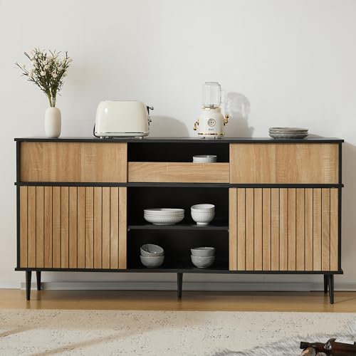 ModernLuxe Anrichte Kommode Sideboard mit 4 Schiebetüren und 1 Schublade, modernes Eiche-Schwarz-Design, 160 x 40 x 80 cm, vielseitiger Stauraum für Wohnzimmer, Esszimmer und Flur Natürlich+Schwarz