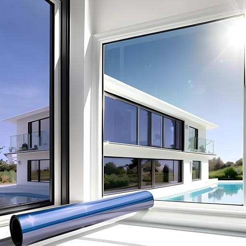 MARAPON Spiegelfolie Fenster Sichtschutz Blau 0,445x20 m Fensterfolie Blickdicht von aussen tagsüber Sonnenschutzfolie Fenster innen UV Schutz statisch haftend Hitzeschutz Wärmeschutz Innenanbringung
