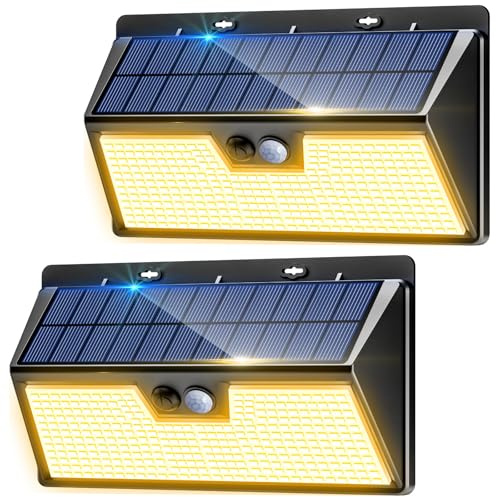 nipify Solarlampen für Außen mit Bewegungsmelder, 2 Stück 318 LED Solar Aussenleuchte Lampe Wasserdichte, 3 Modi Superhelle Solarleuchte Wandleuchte für Aussen Garten Hauswand Warmweiss