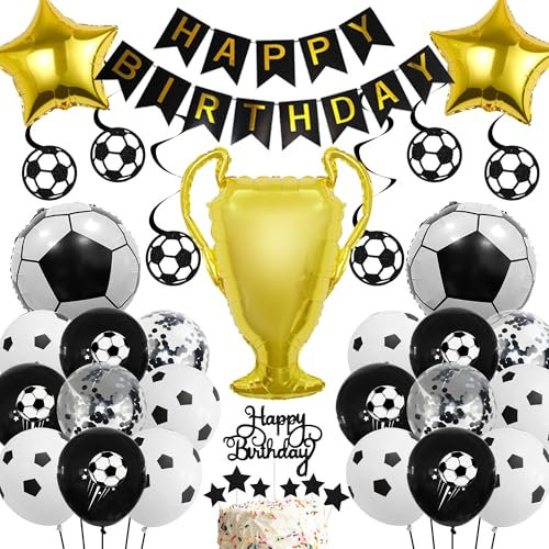 Fussball Deko Geburtstag Kinder Luftballons - 49 Stücke Jungen Geburtstagsdeko Fußball Stern Luftballons, Happy Birthday Banner Girlande Tortendeko für Kindergeburtstag