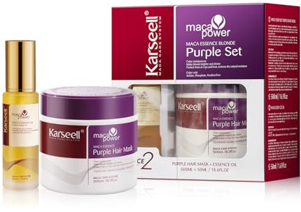 Karseell Purple Haarmaske und Haaröl Set, Neutralisiert Gelbstich, Repariert Haarschäden für Blondes, Graues Haar 50ml+ 500ml