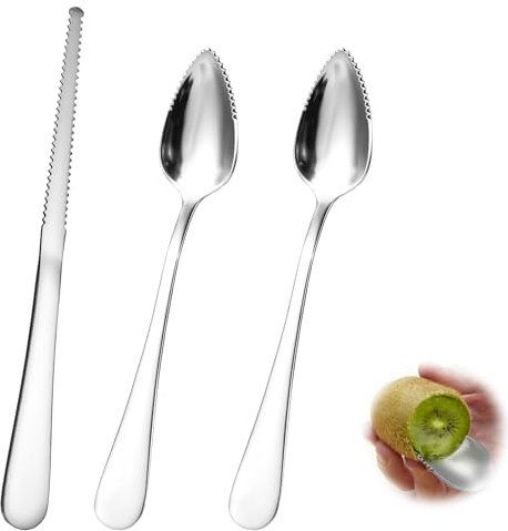 Giantree Grapefruitlöffel Edelstahl 3-Teiliges Set, 2 Grapefruitlöffel aus Edelstahl und 1 Grapefruitmesser Babynahrungsergänzung Fruchtlöffel gezackte Kanten Löffel für Kiwi Äpfel Grapefruits