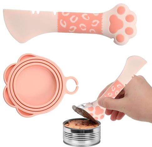 Wisebom Pet Food Can Supplies Set, Universal Silicone Covers Cat Wet Food Spoon, Cat Lids 2 in 1 Spatula Pet Can Opener Dog Claw Spoons for Pets Dogs Cats Feeding (Pink)