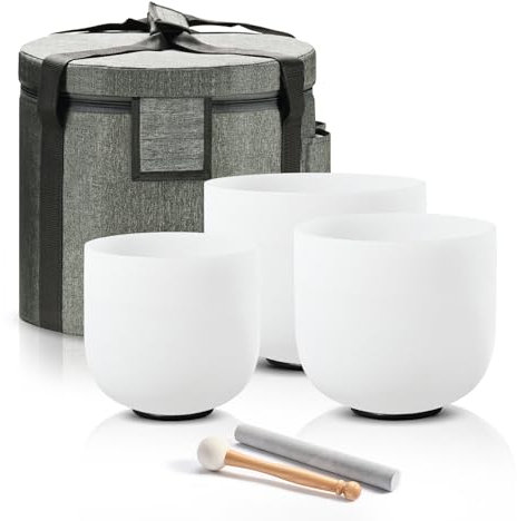 CVNC 432HZ Sound Healing Set with 3 Crystal Singing Bowls, Frosted Chakra Quartz Crystal Singing Bowl with Carry Cases, 7 Inch, C Root, 8 Inch, F Heart, 9 Inch, G Neck