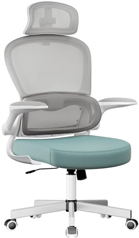 Blisswood Ergonomic Mesh Chair with Adjustable Headrest - Tilt Function - 90° Flip-Up Armrest & Lumbar Support - 130° Recliner Computer Task Office Chair for Gaming & Home Office (Blue & Grey)