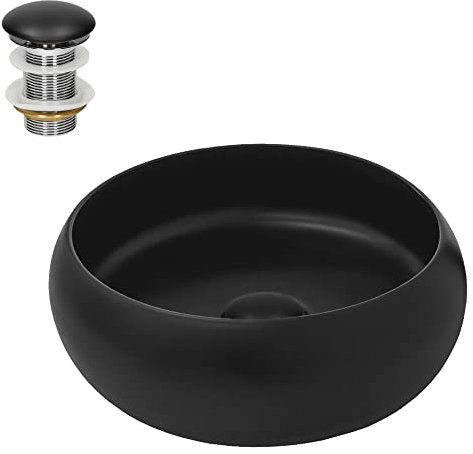 LuxeBath Waschbecken Keramik rund Ø 350x120 mm Schwarz mit Ablaufgarnitur Schwarz, Aufsatzwaschbecken für Badezimmer/Gäste-WC, Modernes Aufsatzbecken, Waschtisch Waschschale Waschplatz Handwaschbecken