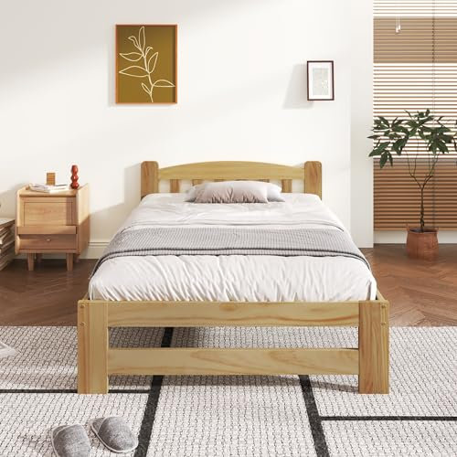 FQMOZY Solide Massivholzbett Futonbett 90x20 cm, Einzelbett Holzbett Jugendbett Bettgestell Bettrahmen Gästebett Erwachsenenbett mit Kopfteil und Lattenrost, Ohne Matratze, Massivholz, Natur