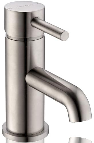 Motu Basin Mixer Tap - Brushed Nickel - Single Lever Modern Bathroom Sink Tap with Press Top Waste