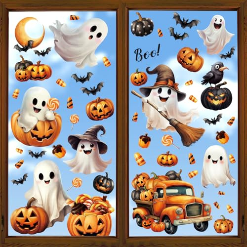 SULOLI 8 Stück Halloween Fensterbilder,Selbstklebend Fensterdeko,3D Halloweensaufkleber mit Kürbisse Geister,Halloween Fenstersticker