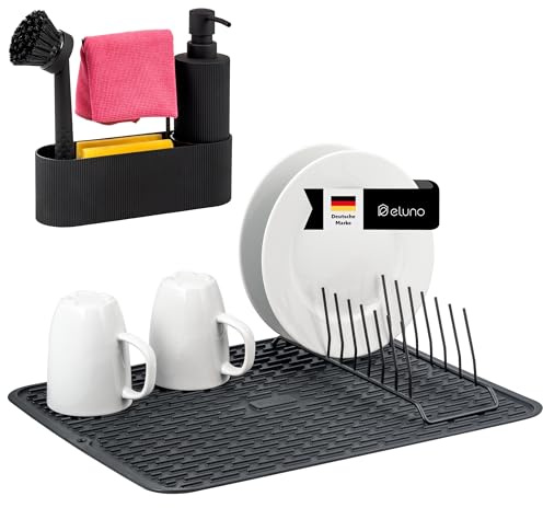 eluno Spül-Set 2er, bestehend aus Spülbecken-Organizer mit Soft-Touch Oberfläche und Abtropfmatte inkl. Abtropfgestell für 9 Teller, Geschirrspülset inkl. Seifenspender mit 350 ml Volumen, schwarz