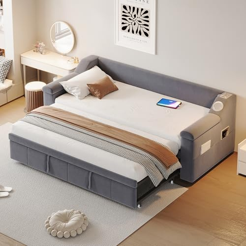 Ausziehbares Schlafsofa 90/180x190, Polsterbett Tagesbett mit Bluetooth-Lautsprecher&USB-Ladefunktion&Ausziehbett&Lattenrosten, Sofabett Jugendbett Gästebett Bettgestell,Samtstoff,Ohne Matratze,Grau