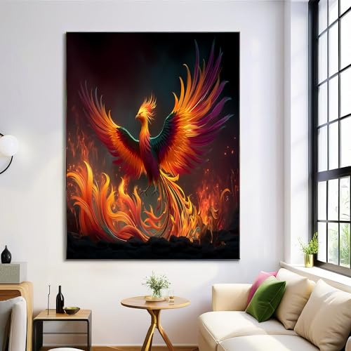 DLERFLOVR Leinwandbilder Wandbilder Phönix aus der Asche Bild auf Leinwand Fantasy-Stil Kunstdruck Deko für Wohnzimmer Schlafzimmer Geschenk, 50L x 70B cm, Rot