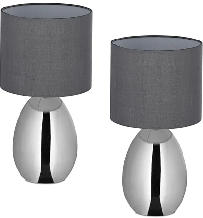 Relaxdays Nachttischlampe, 2er Set, mit Schalter, Fensterlampe, 3 Stufen, E14, Tischlampe, HD: 33,5x18 cm, Silber/grau
