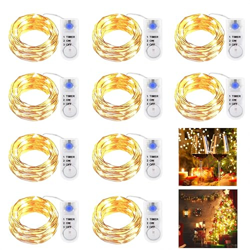 10 Stück LED Lichterkette Batterie mit Timer, 2M 20er LED Kupfer Drahtlichterkette Lichterkette Batteriebetrieben IP65 Wasserfest Fairy Light für Party Weihnachten Hochzeit Beleuchtung Deko