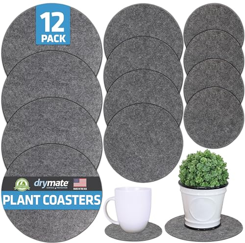 Drymate 12-Pack Plant Coasters (6 Inch, 8 Inch, 10 Inch), (4 of Each), Absorbent Fabric Mats, Waterproof, Protects Surfaces, Fast Drying, for Indoor & Outdoor Plants or Pots (USA Made) (Light Grey)