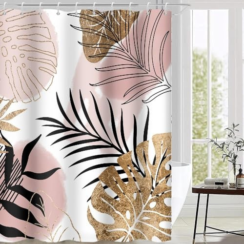 Uiiooazy Tenda Doccia Antimuffa 180x200cm Rosa Giallo Tropicale Boho Chic | Tenda Doccia Astratta Giungla Foglie di Palma Impermeabile Tessuto in Poliestere Lavabile per Vasca da Bagno con 12 Anelli