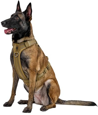 OneTigris Hundegeschirr, Diesel Einstellbar Taktisches Geschirr Weich Gepolstert Brustgeschirr für mittelgroße und große Hunde mit Reflektierend, 1 Griff, 3 D-Ringe (Braun, XL)