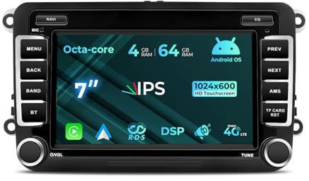 [8-Kern 4+64GB] Autoradio für VW Golf Passat Touran Caddy Seat Skoda, 7-Zoll IPS Screen Radio mit kabellosem Carplay/Android Auto Bluetooth WLAN 4G GPS-Navi DSP FM/AM RDS SWC optional DAB+