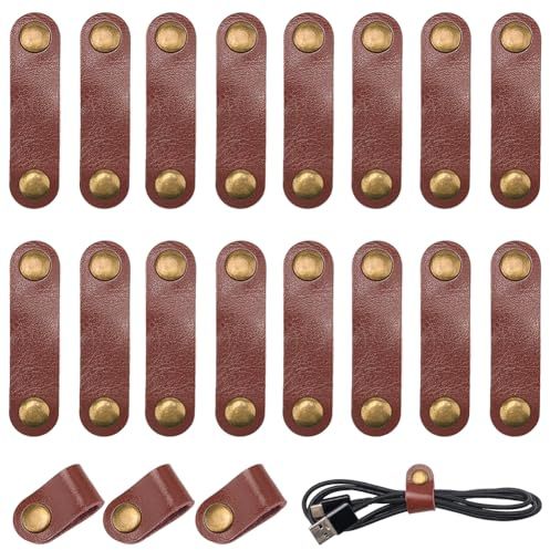 CALFOVERA 30 Stück Kabel Organizer Gurte Aus Echtem Leder Kabelbinder Aus Braunem Rindsleder Mehrzweck Kabelclips Mit Druckknopf Für Reisen Zuhause Büro Telefon