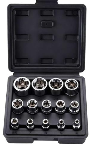Yumzxin 14Pcs E-Torx Socket Set - Female Star Bit Socket Kit with E4 to E24 Sizes for Automotive & Mechanical Repair
