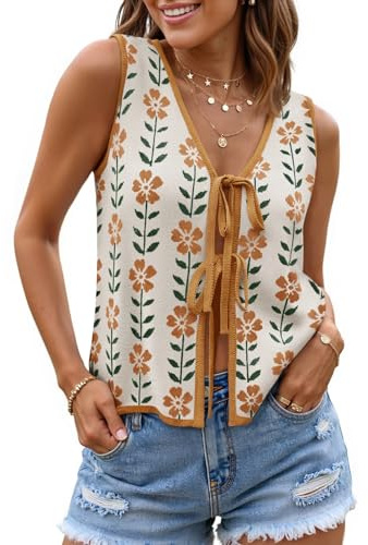 ZESICA Women's 2026 Summer Tie Front Sweater Vest Top White M