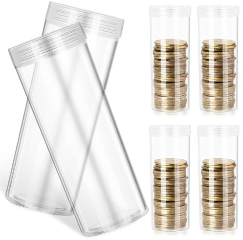 FRCOLOR Transparente Münzaufbewahrungsröhrchen 6 Stück aus Kunststoff mit Schraubverschluss Münzschutzröhren für Sammler Platzsparende Aufbewahrung und Schutz für Münzsammlung
