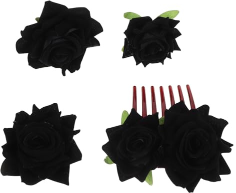 Mikikit Ensemble de 4 Accessoires Cheveux Mariage Noirs avec Peigne Latéral, 2 Pinces en Tissu Rose à Fleurs Artificielles et Broche Rose, Accessoires Coiffure pour Mariée, Fêtes